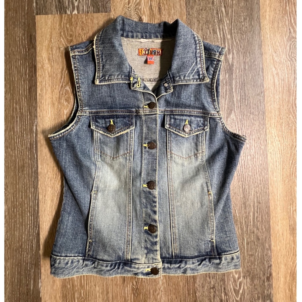 Plugg Denim Vest Womens Medium Blue Faded Button Up Sleeveless Jean Jacket